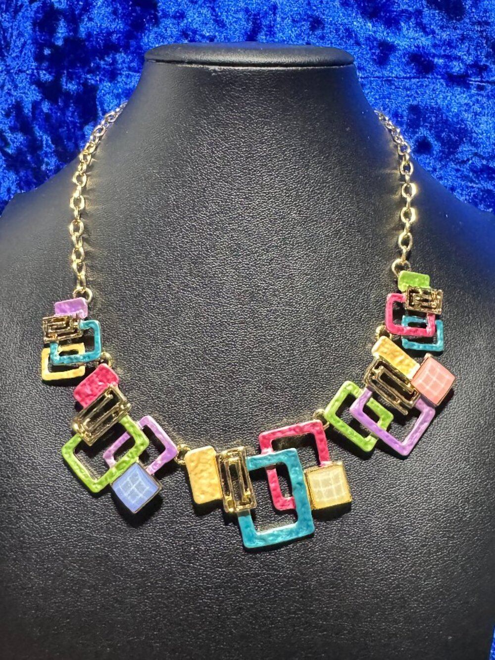 Multi-Color Multi Square large Geometric Shapes Necklace KC Golden Plated 17.3"